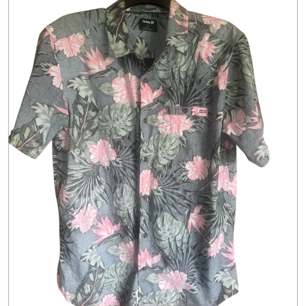 Hurley Gray and Pink Casual Button Down Shirt with Floral Design